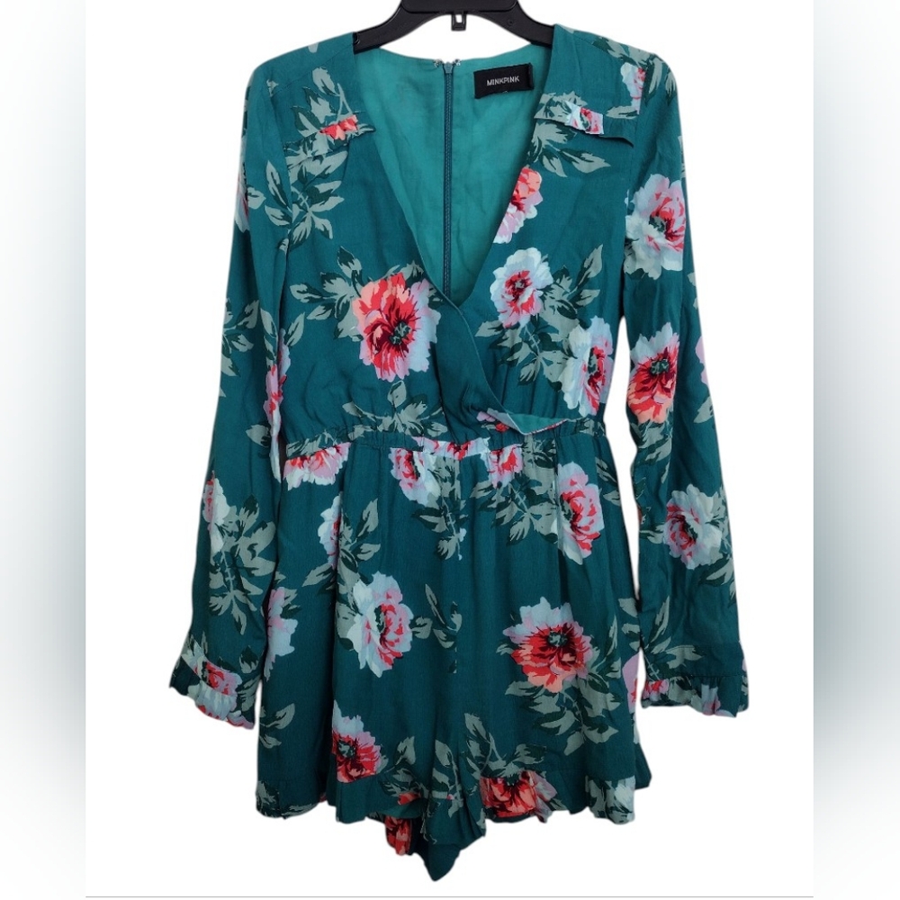 MinkPink Teal Multicolor Floral Long Sleeve Romper Ruffle Hem Size Medium